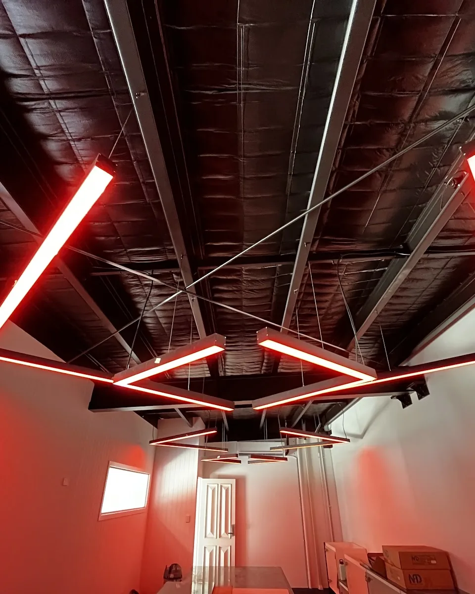 Linear LED lights in a geometric pattern on a black ceiling over a red room